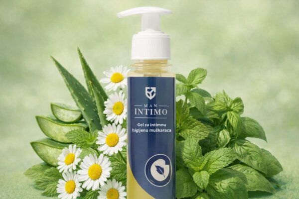 man intimo gel za muškarce za zelenoj pozadini, kamilica, aloe vera, menta okolo