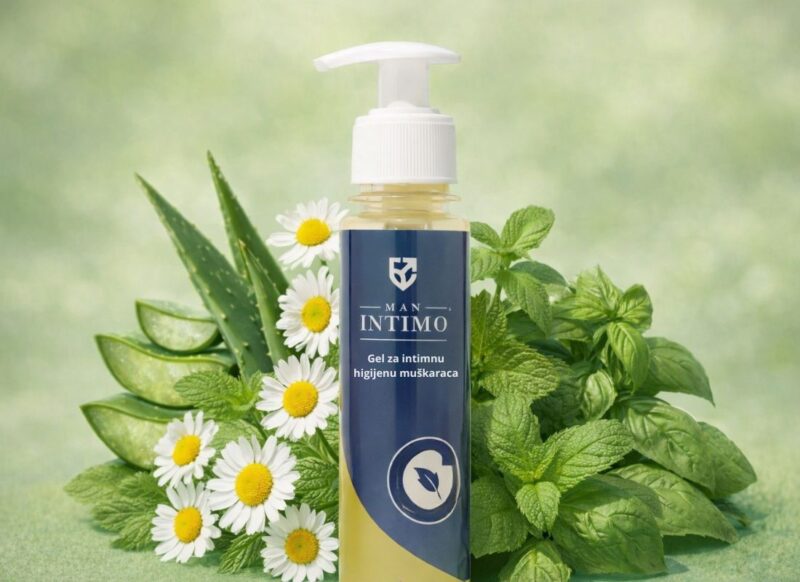 man intimo gel za muškarce za zelenoj pozadini, kamilica, aloe vera, menta okolo