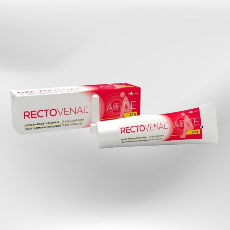 Pakovanje i tuba Rectovenal Acute gela za hemoroide na svetloj pozadini